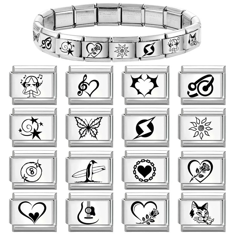Wholesale Laser Engraving Lightning Heart NO.8 Ball Italian Charm Links Fit 9mm Stainless Steel Bracelet Men Women DIY Making Qme