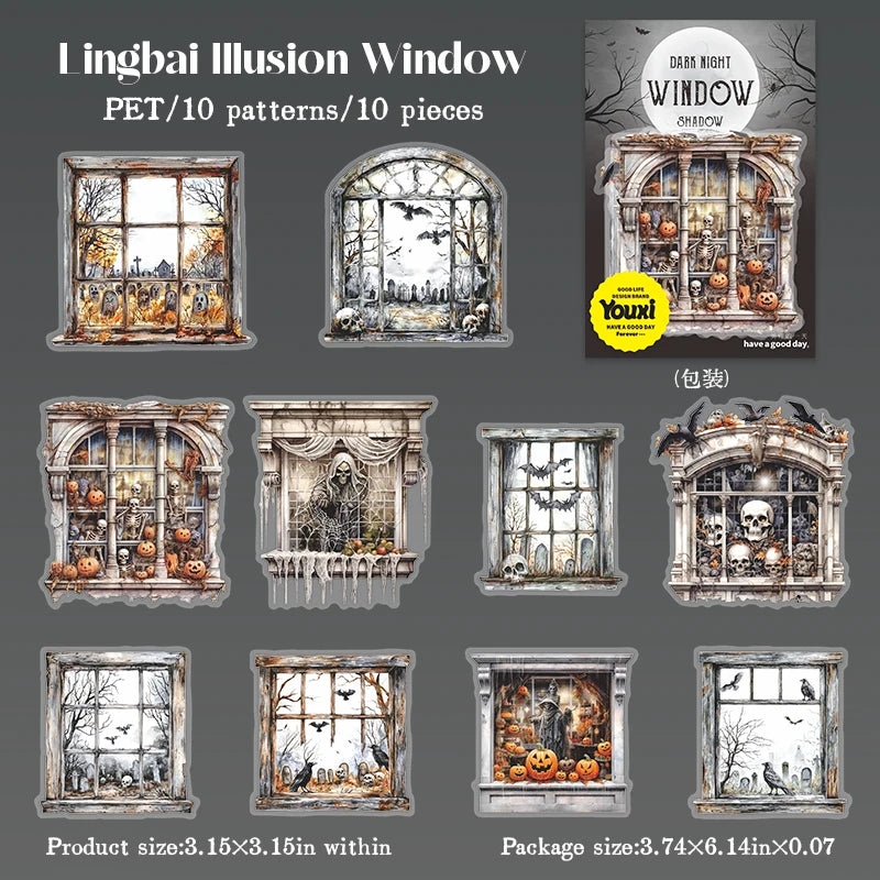 10Sheets/Bag Halloween Horror Window Gothic PET Stickers for Scrapbooking DIY, Collage Journal Decoration, Junk Journal Supplies Qme 3
