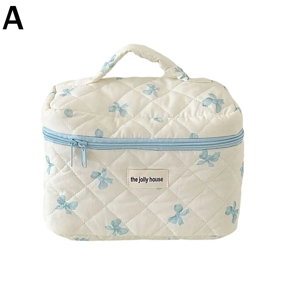 Quilted Makeup Bag 3 Sizes Floral Toiletry Cosmetic Pouch Organizer Qme blue-L