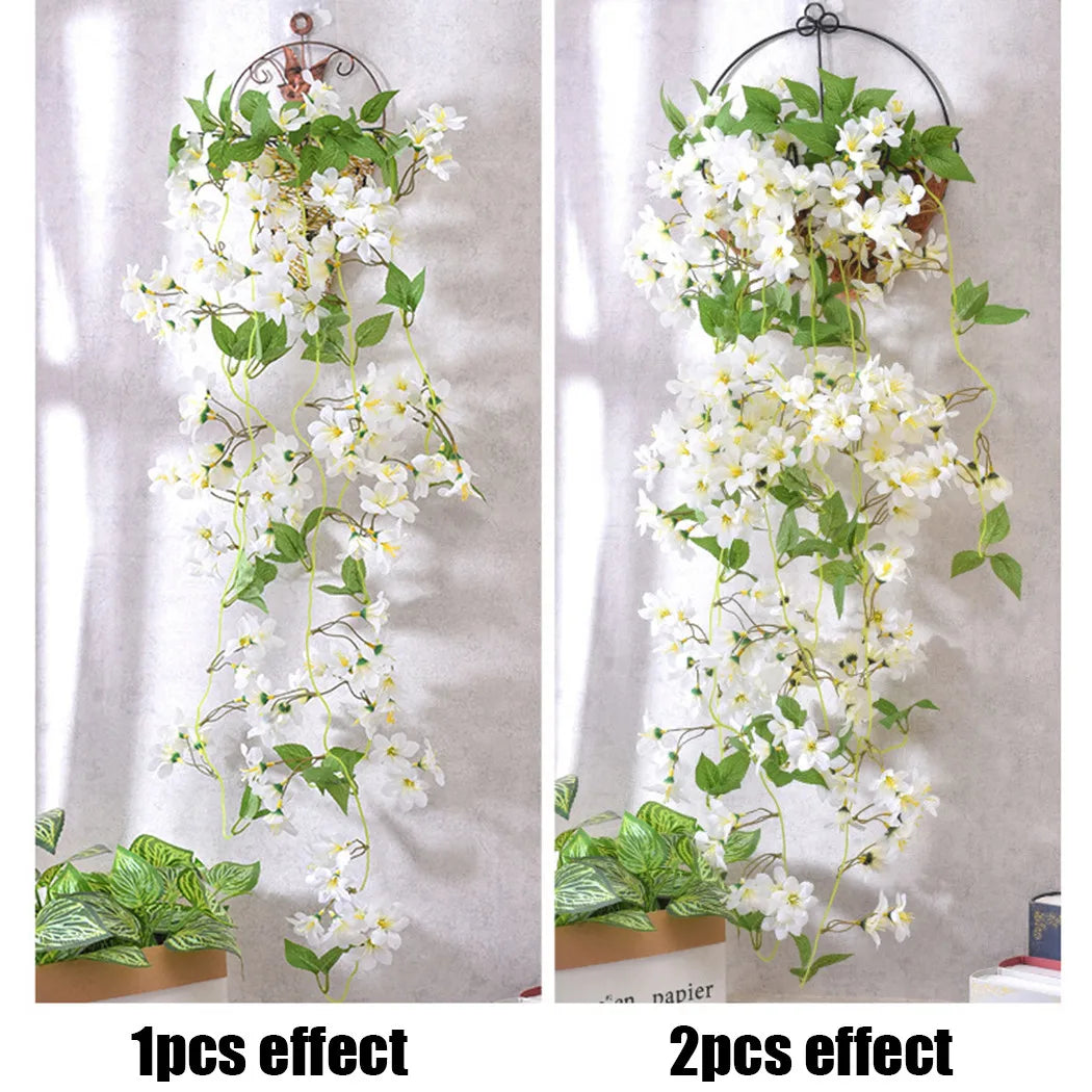 1PCS Hanging Artificial Fake Hanging Silk Flowers Vines Plants Garden Decor Indoor Outdoor Wedding Party Wall Balcony Decor Qme winter jasmine White
