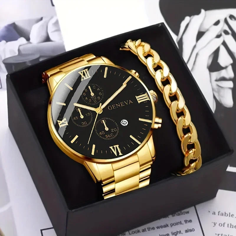 1pc Men Round Pointer Date Quartz Watch& 1pc Bracelet, Ideal choice for Gifts Qme