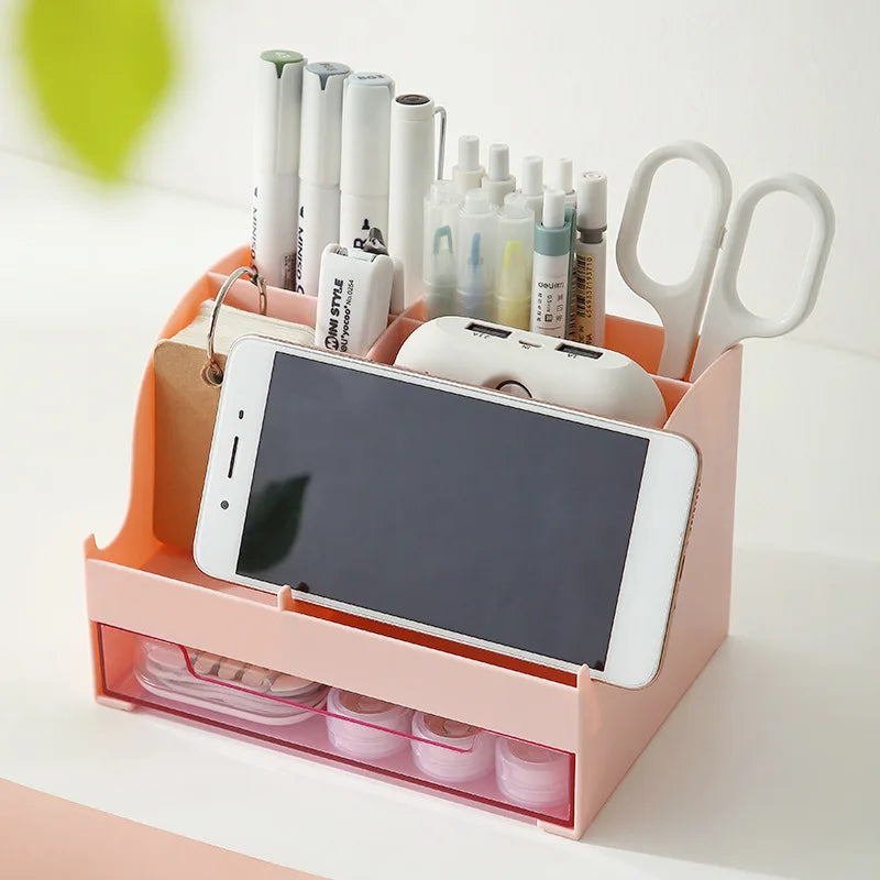 Multi Compartment Desk Organizer with Clear Drawer, Plastic Stationery Storage Caddy Pen Holder for Office School Home Qme