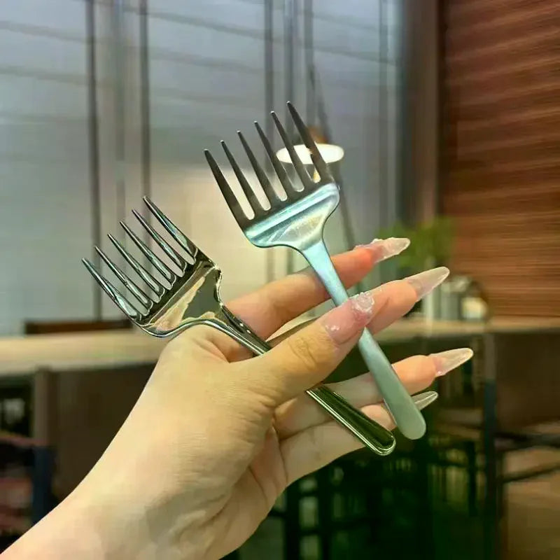 Creative Korean Single Handle Six-tooth Stainless Steel Dessert Fork Fruit Fork Portable 304 Stainless Steel Cake Fork Qme