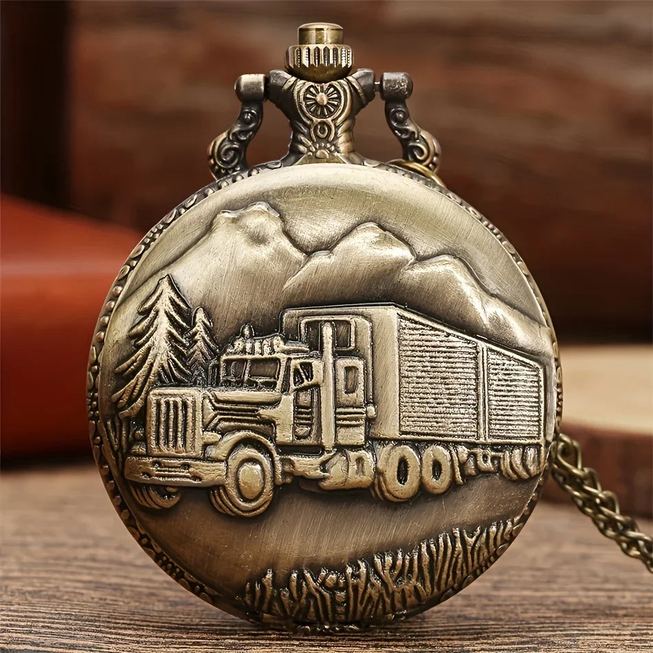 Bronze Big Truck Necklace Quartz Pocket Watch - Vintage Nostalgic Design, Perfect Holiday Gift for Teens Qme bronze
