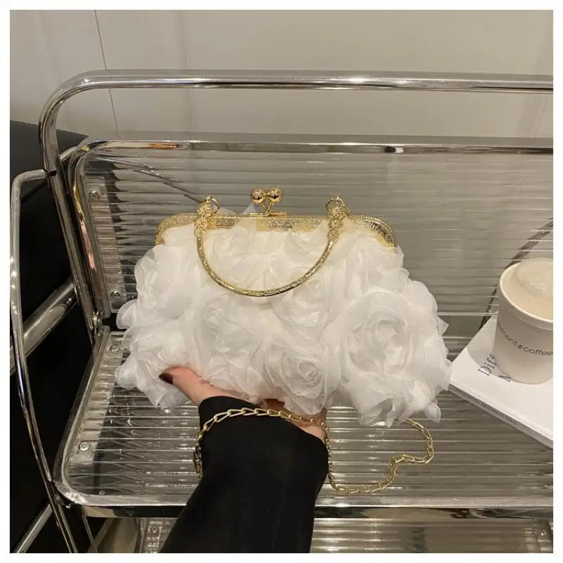 Chiffon 3D Flower Banquet Bag Fashion Evening Bags Luxury Women Chain Qme White