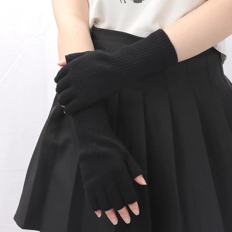 1 Pair Long Gloves Black Fingerless Knitted Gloves for Men Women Warm Outdoor Mitten Cycling Accessories Elastic Work Gloves Qme