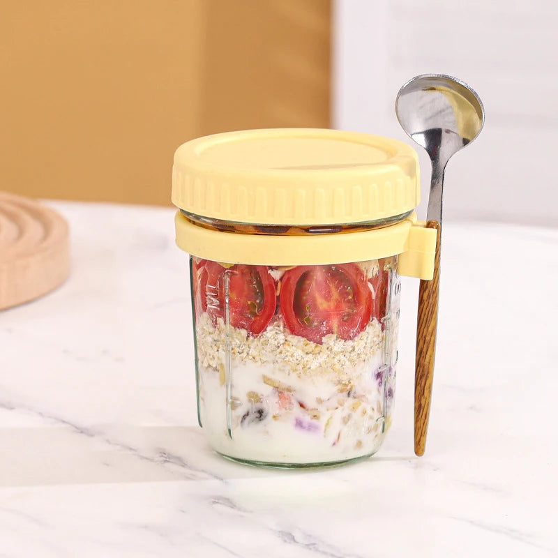 Glass Oatmeal Cup Overnight Oats Container Lid Spoon Cereal Milk Qme Yellow