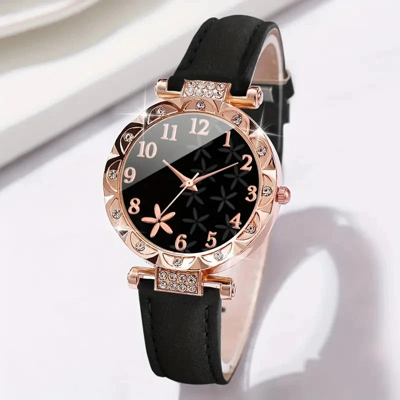 Rose Gold Black Leather Ladies Watch Set Crystal Bezel Flower Dial Heart Zircon Bracelet Women Workplace Jewelry Kit Qme
