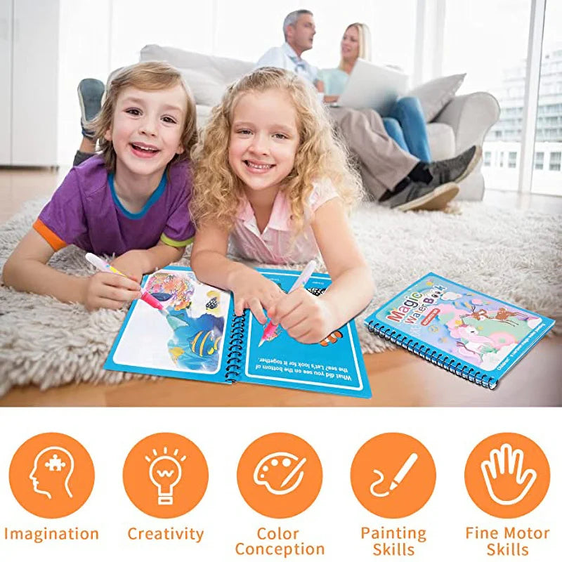 Children Magical Book with Pen Water Drawing Montessori Toys Reusable Coloring Book Magic Water Drawing Book Early Education Toy Qme