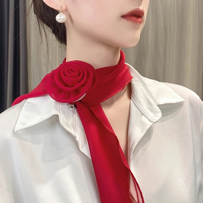 Versatile Rose Design Silk Scarf Soft Neckerchief Girls Women Long Qme