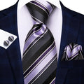 Hi-tie Men Fashion Striped Blue Necktie Handkerchief Cufflinks Tuxedo