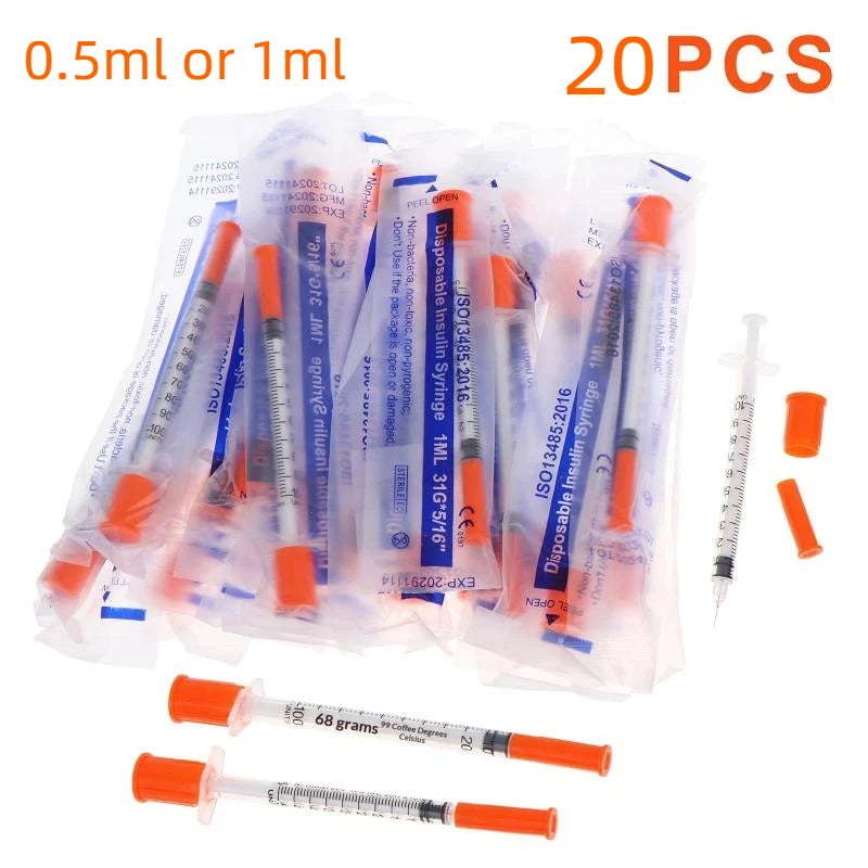 20Pcs Plastic Liquid Dispenser 0.5/1ml Disposable Safety Sterile Insulin Orange Cap Syringe For Pet Animal Qme