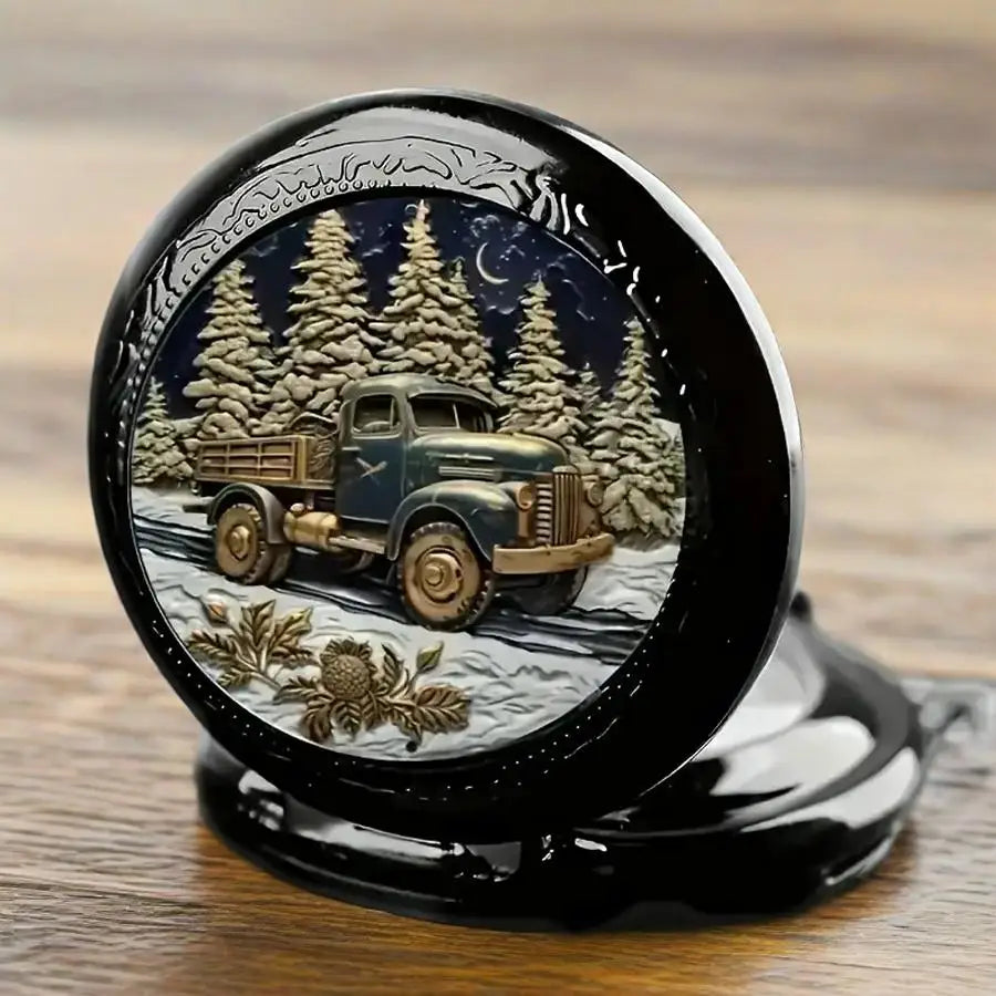 Retro Winter Night Moon Old Pickup Truck Relief Pocket Watch Ornate Carved Black Case Men Vintage Quartz Pocket Watch Qme