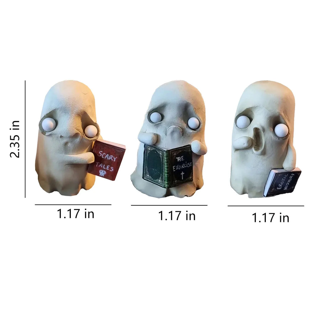 Halloween Horror Ghost Reading Book Resin Ornaments Funny Cute Little White Ghost Accessories Halloween Party Supplies Qme