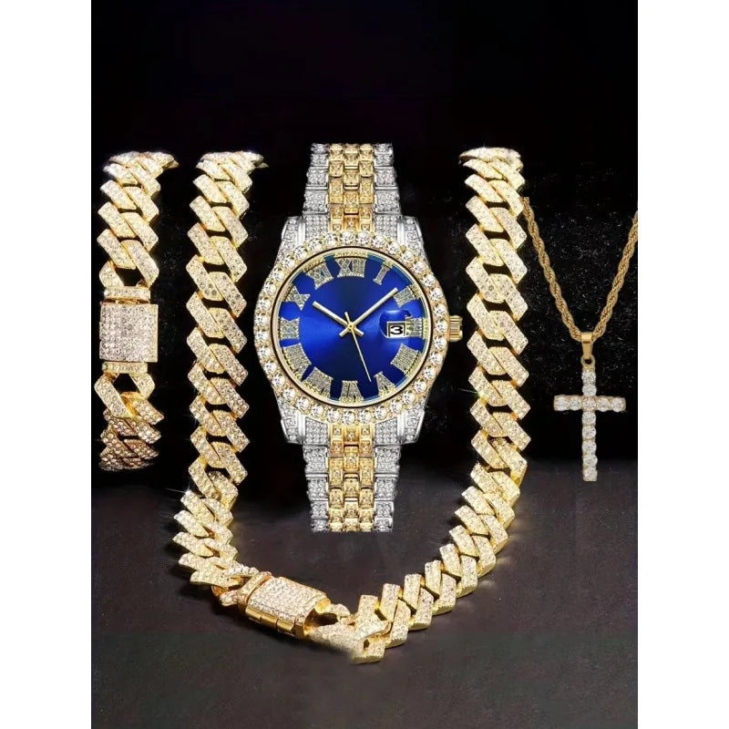 4-in-1 Hip Hop Jewelry Set for Men, Two-tone Iced Out Watch + Cuban Link Chain + Bracelet + Cross Necklace, Gold Silver Tone Qme Bronze