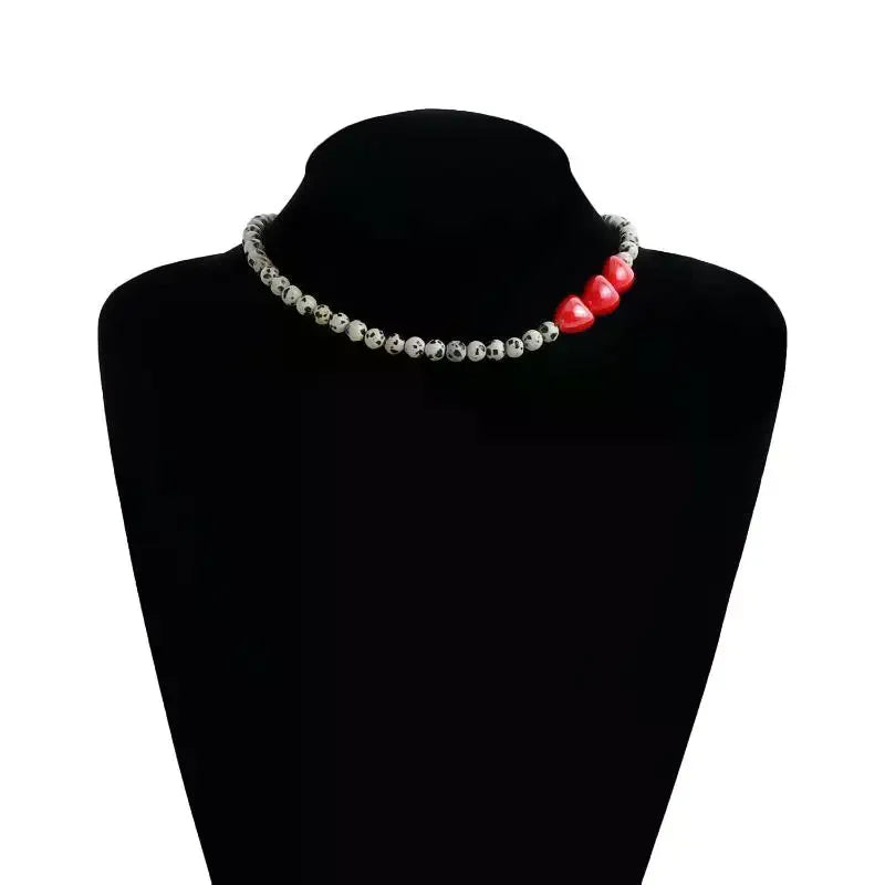 Trendy Spotted Stone Red Heart Beaded Necklace For Women Fashion Layering Qme