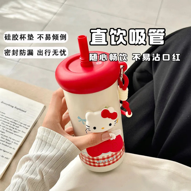 New Hello Kitty Insulated Cup Cute, Large-Capacity Straw Cup Stylish, Portable Travel Cup for Girls and Students Qme
