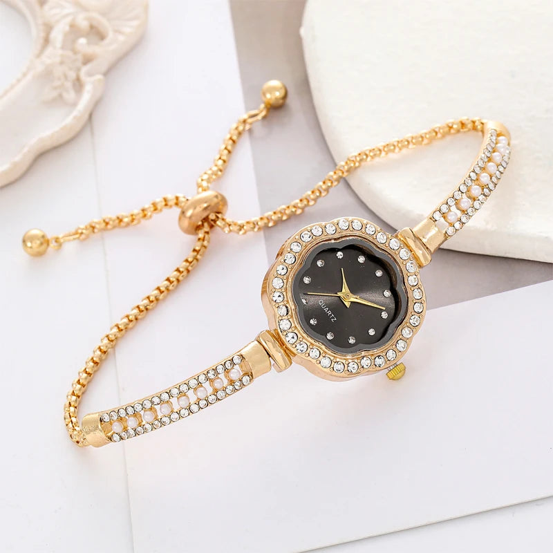 1pcs Floral Colorful Dial Fashion Small Light Luxury Pearl Strap Women's Watch Features Pulling Bracelet Qme