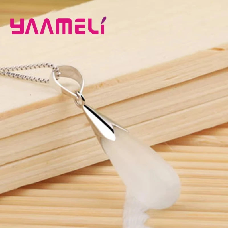 Pure Jewelry Set Simple 925 Sterling Silver Color White Pink Water Drop Opal Cat Eye Stone Pendant Necklace/Hook Earrings/Chain Qme