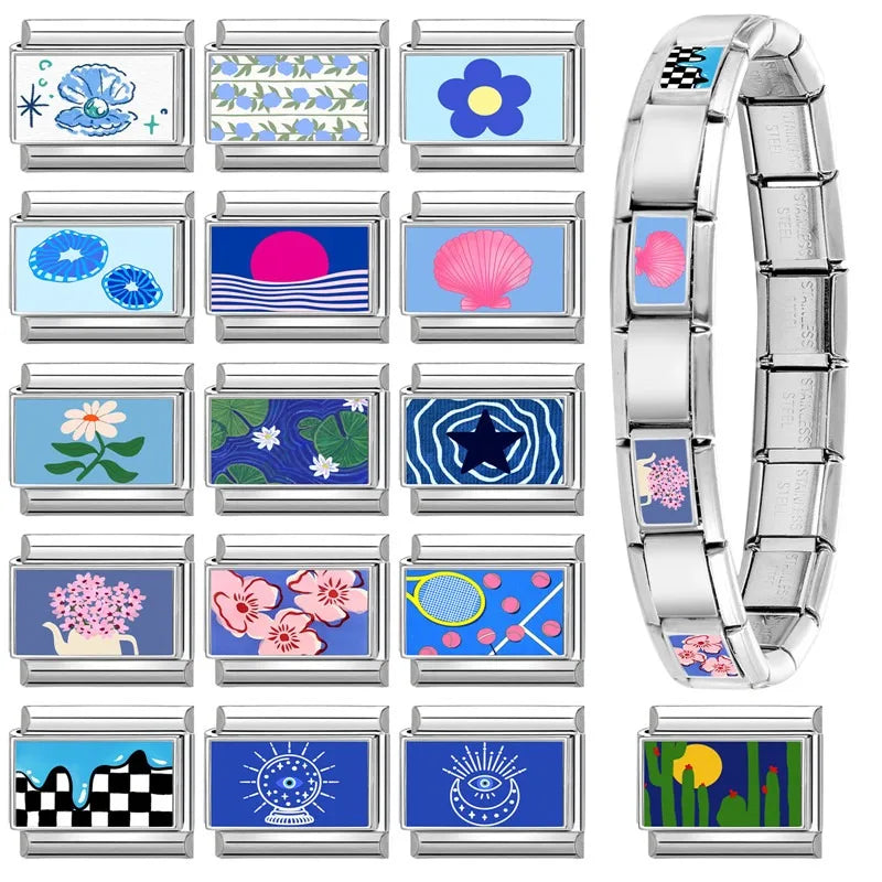 2025 Blue Lotus Leaf Sun Eye Cactus Italian Charm Link 9mm Sliver Modular Bracelet Stainless Steel DIY Gift Jewelry Wholesale Qme