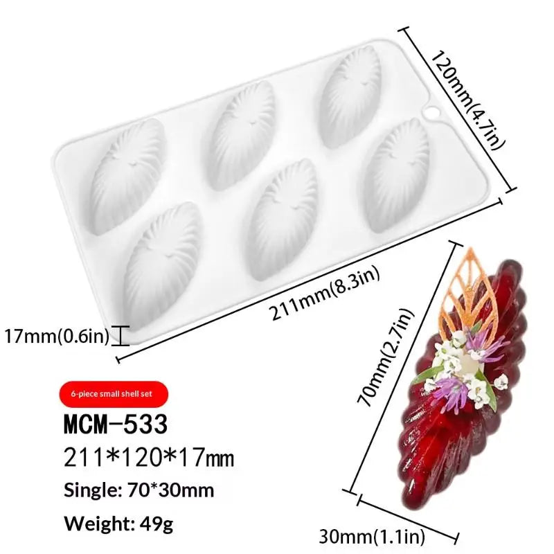 6 Cavity Shell Design Pudding Silicone Mousse Mould 3D Candy Qme A1