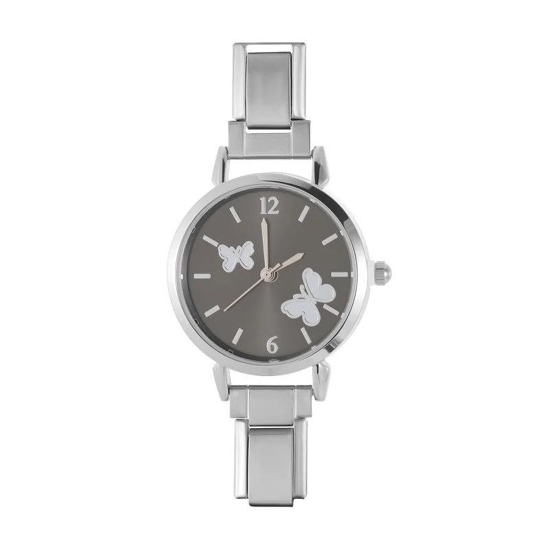 Width Italian Charm White Black Butterfly Round Elastic Watch