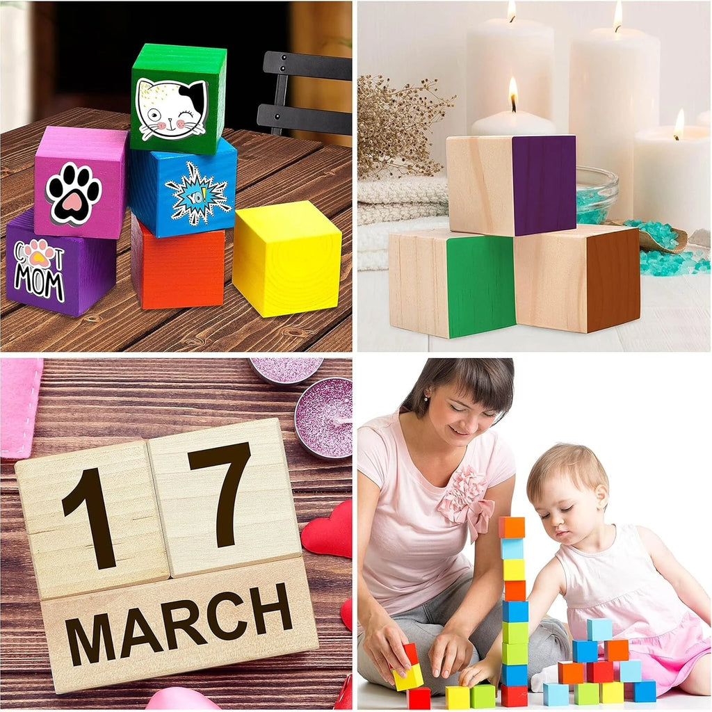 DIY Blank Wooden Blocks Set, Unfinished Wood Cubes For Kids Painting Stacking Crafts Qme