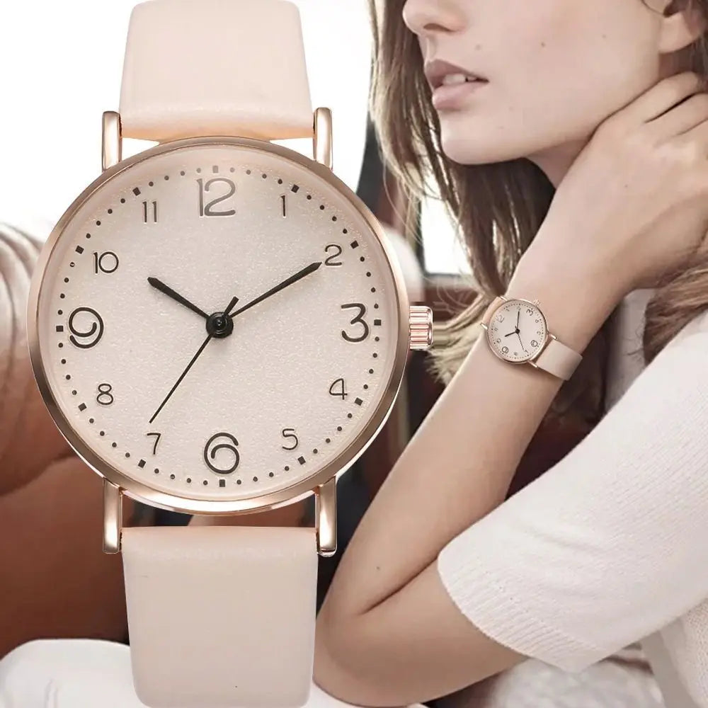 Dainty Simple Ladies Daily Wristwatch, Textured Cream Dial Thin Pink Leather Band Casual Quartz Watch for Student Office Qme