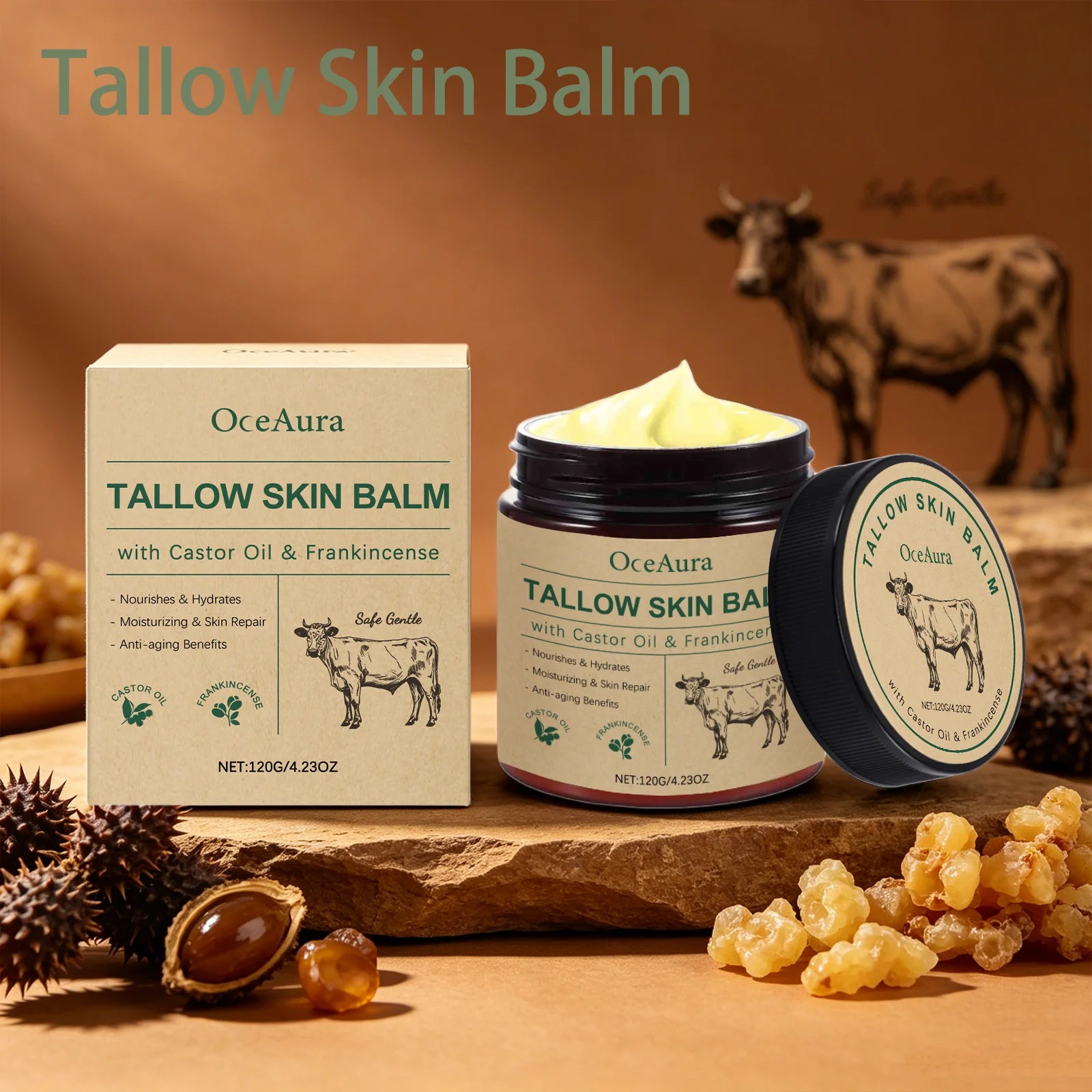 OceAura Tallow Skin Balm Castor Oil Frankincense Infused Nourishing Hydrating Anti-aging Sensitive Skin Friendly Skin Care Cream Qme