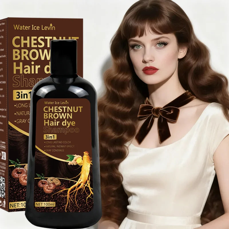 Water Ice Levin 3-in-1 Chestnut Brown Hair Dye Shampoo with Ginger & Ginseng for Instant Gray Coverage & Long-Lasting Color Qme