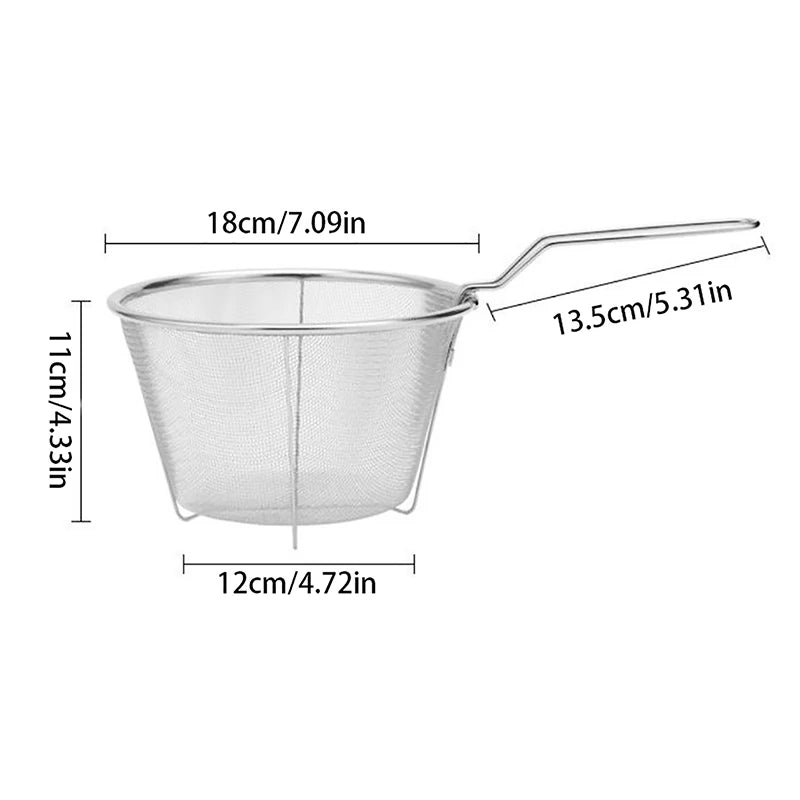 French Chip Frying Strainer Basket Stainless Steel Deep Fry Basket Kitchen Round Fryer Wire Mesh With Handle Wire Colander Nets Qme 18cm