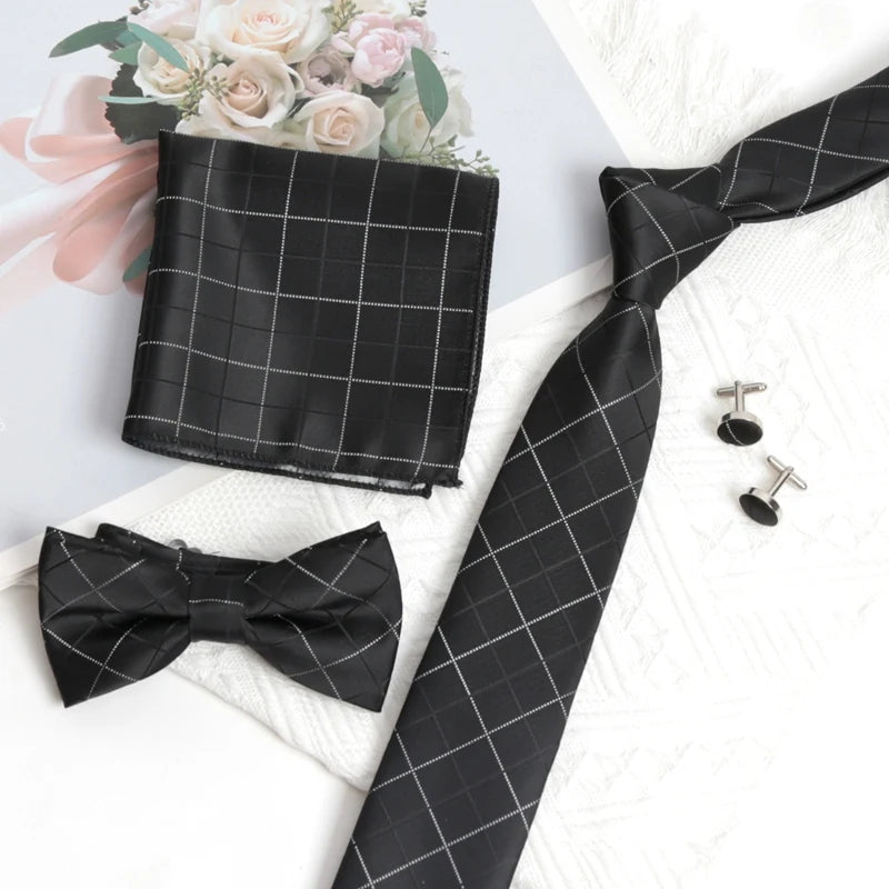 Black Stripe Tie Cufflink Cravat Bowtie Set Wedding Ties Gifts for Men Handky Elegant Necktie for Designer Business Accessories Qme