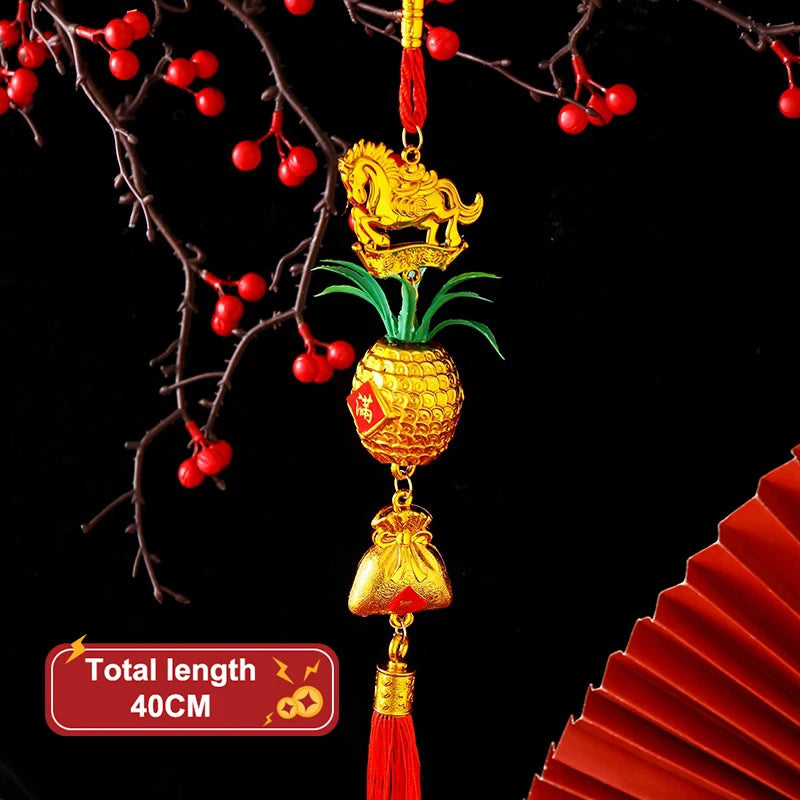 Chinese Year 2026 Celebration Decor Horse Red Gold Pineapple Hanging Qme A6