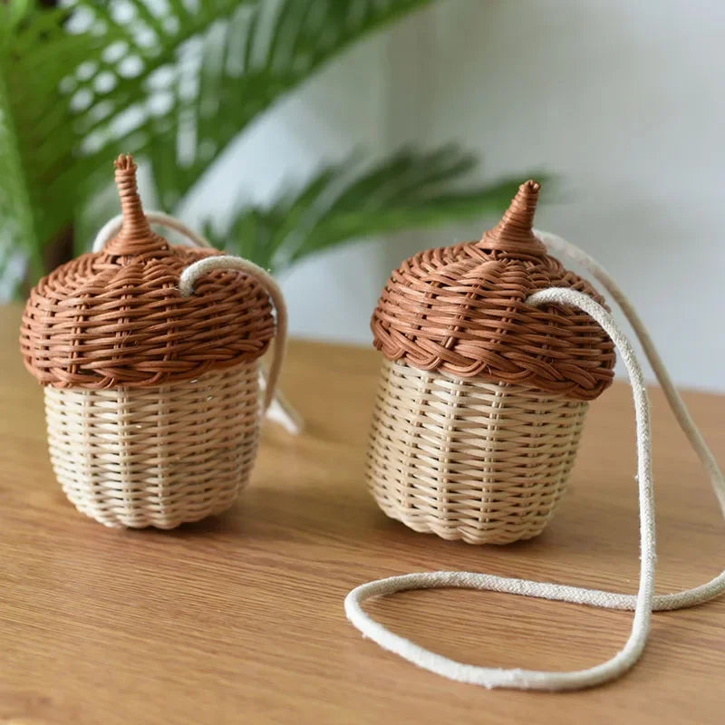 Acorn-shaped Storage Basket Hand-woven Round Rattan Bag Bucket Qme