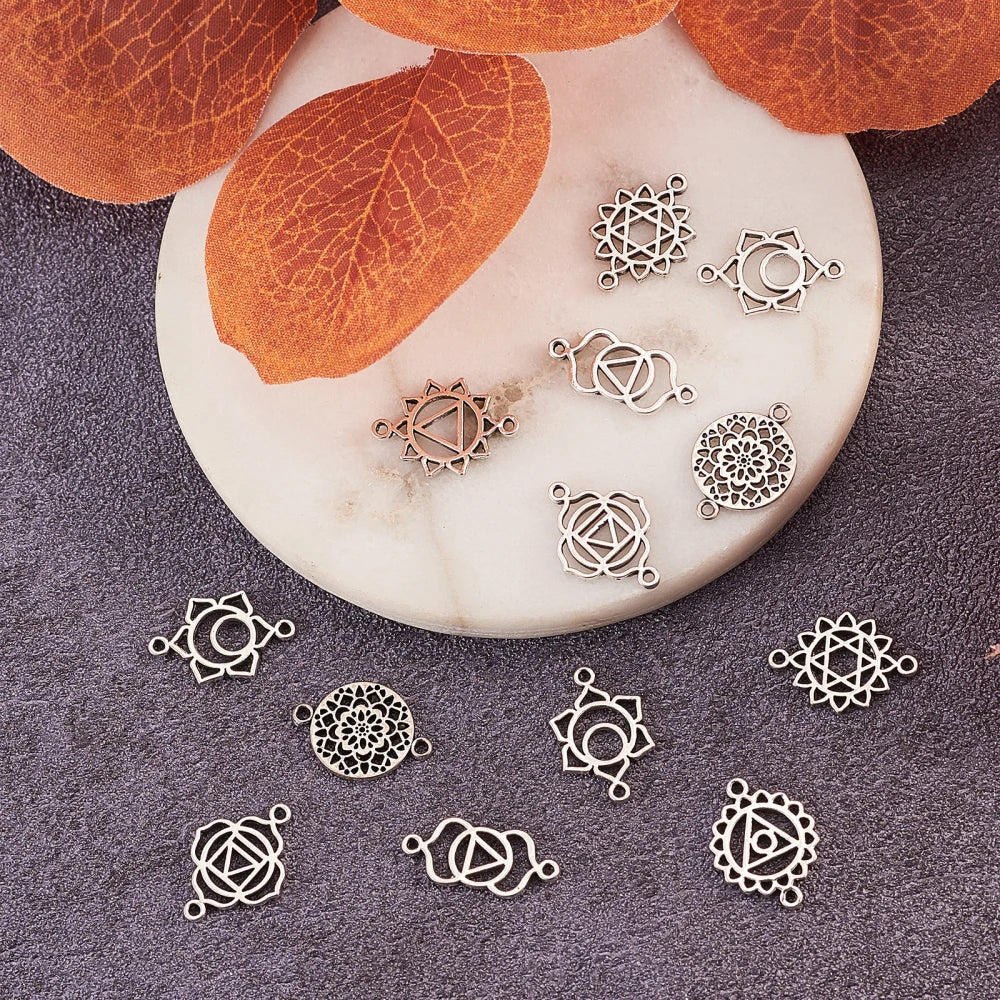 PandaHall 80pcs 8 Styles Tibetan Flower Charms Alloy Hollow Flower Charms Chakra Connector Charms for Jewelry Making Bracelets Qme