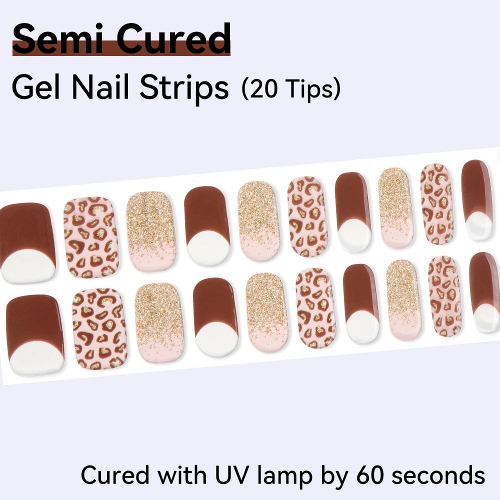 20Tips Leopard Pattern Semi-cured Gel Nail Strips French White Polish Qme NC240005