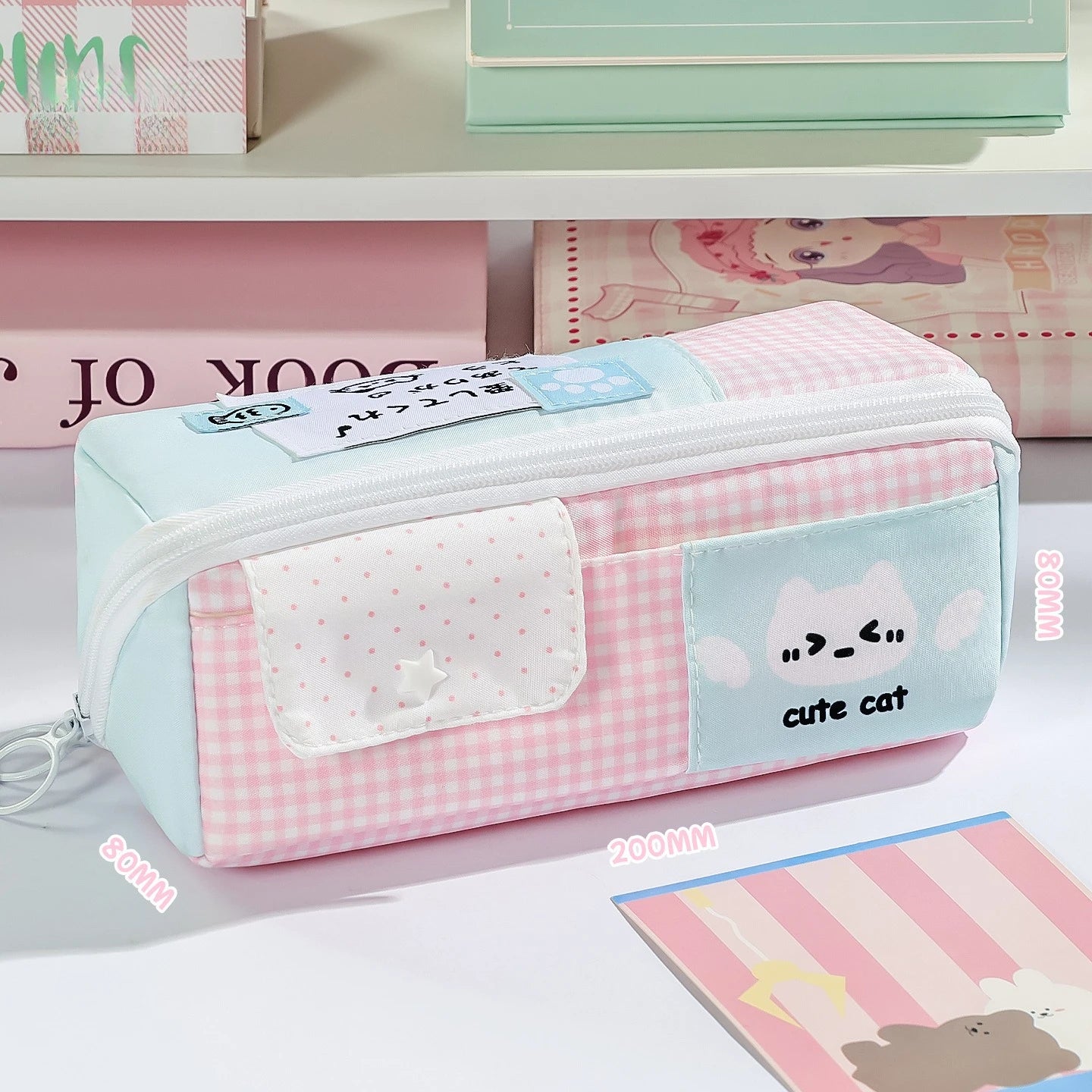 Large Capacity Cute Polka Dot Cat Pencil Case Student Pen Pouch Qme Pink
