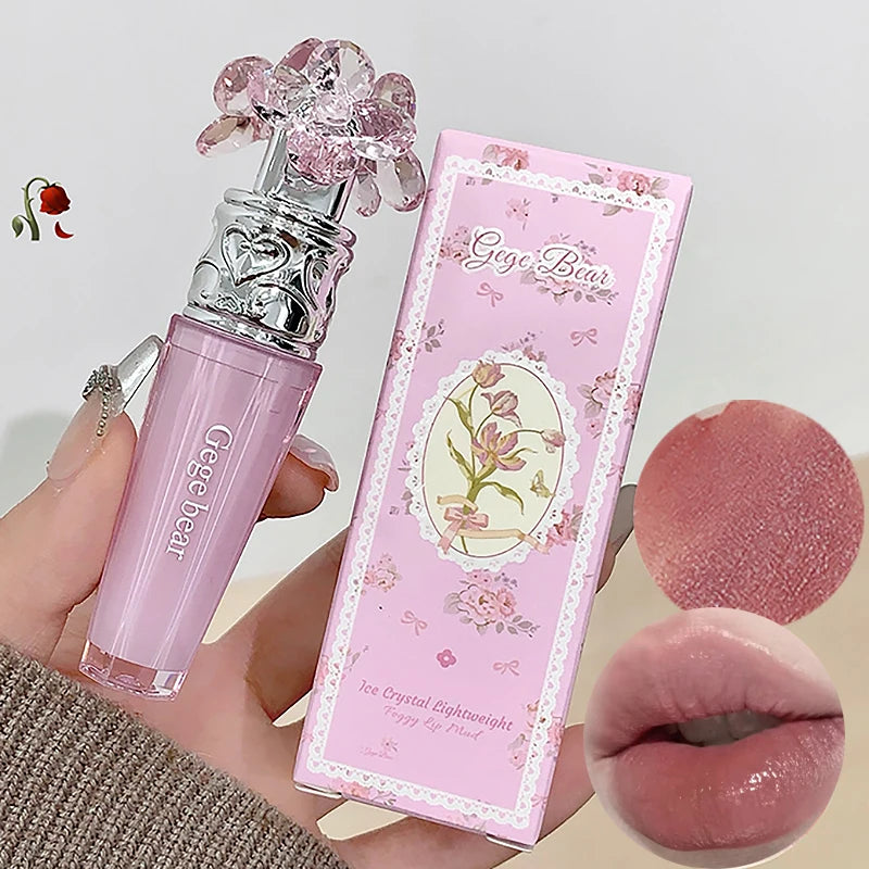 Transparent Crystal Flower Liquid Lipstick Cream Water Matte Grey Pink Lip Glaze Mud Waterproof Nude Almond Brown Tint Makeup Qme