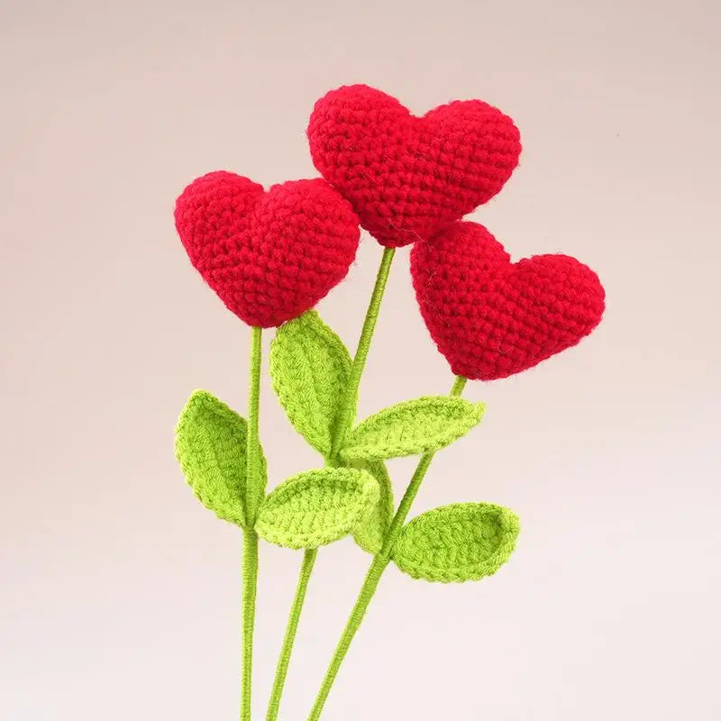 Handmade Crochet Heart Bouquet Yarn Love Flowers Green Stems Romantic Qme