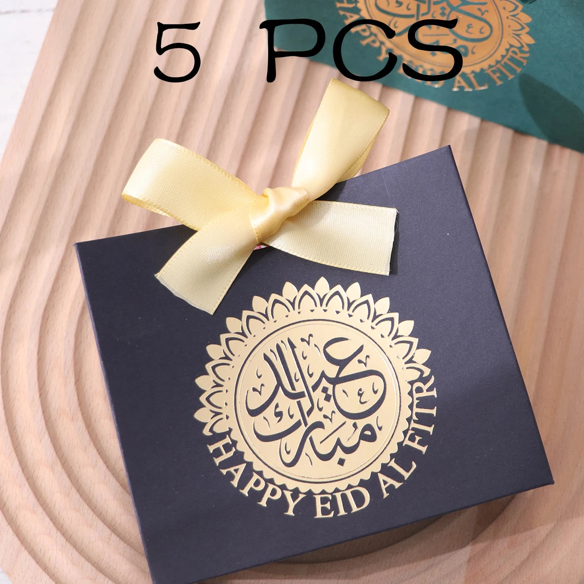 5 Exquisite and Compact Eid Gift Boxes, Each Featuring Elegant Black, Luxurious Green, and Pure White as Their Main Colors, Adorned with Delicate Arabic Script and Golden Circles, and Tied with Luxurious Gold and Silver Ribbo Qme --5Pcs-Black-Yellow 11.5X10X4.5Cm