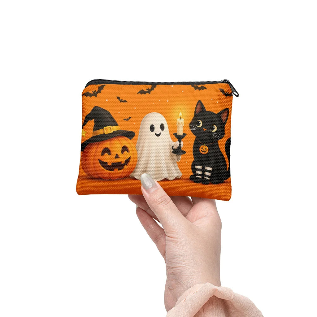 Cute Halloween Pumpkin Ghost Black Cat Canvas Coin Purse Zipper Small Pouch Wallet for Cards Keys Change Holiday Gift Qme