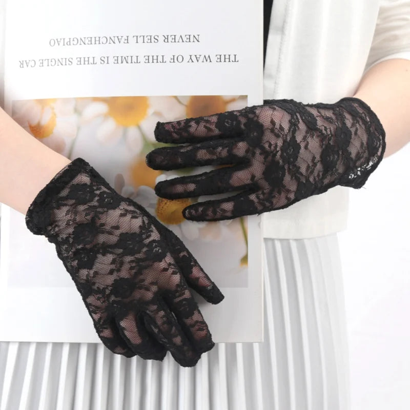 Women Lace Short Tulle Black Summer Uv-proof Driving Gloves Female Qme