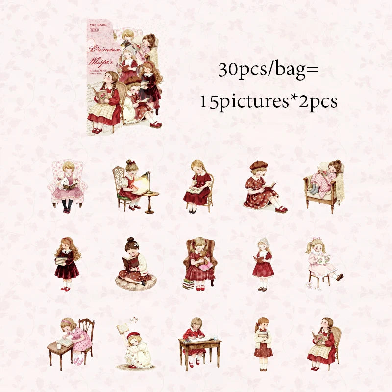 European Vintage Girl Reading Sticker Book, Artistic Decor Material for Journal Collage, High-Value Creative Supply Qme B