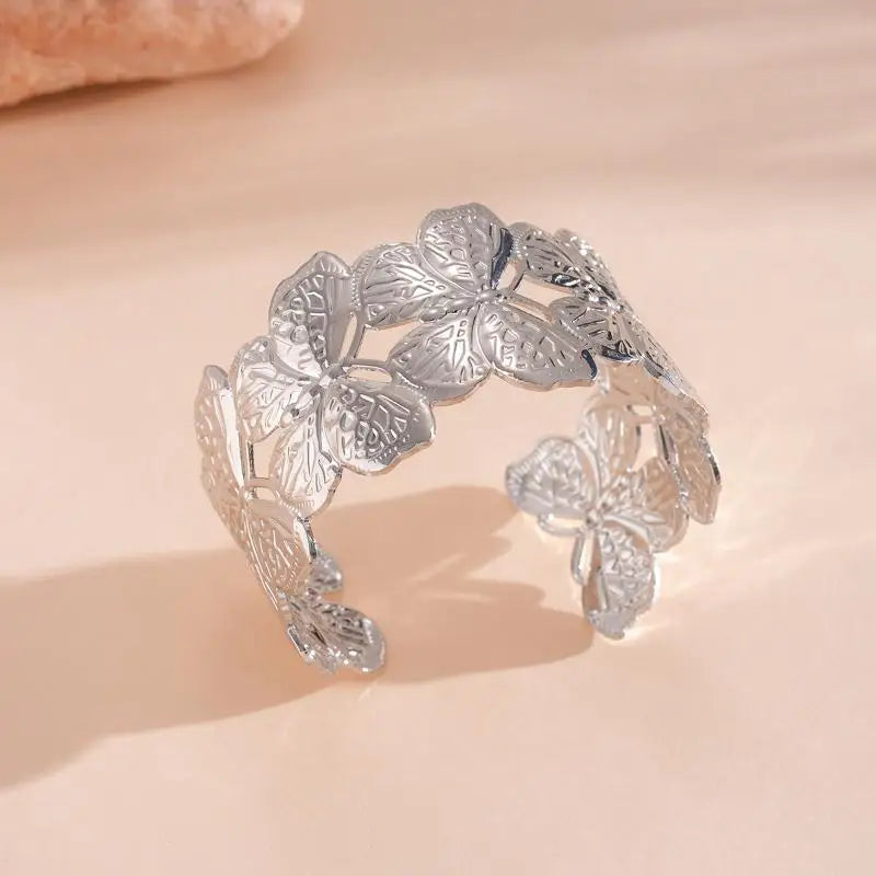 Vintage Ginkgo Leaf Butterfly Open Cuff Bangle Gold Silver Wide Statement Bracelet For Women Boho Party Jewelry Qme A4