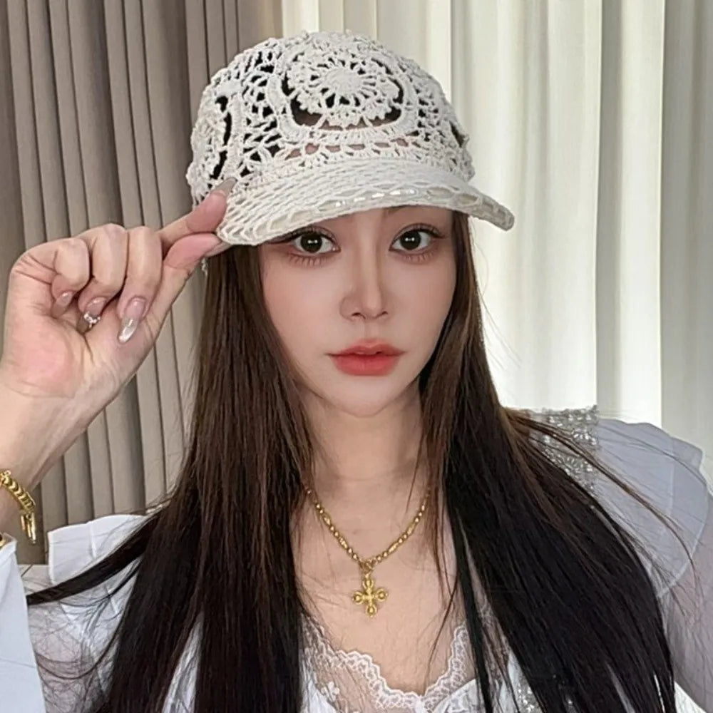 Versatile Adjustable Crochet Baseball Cap Floral Lace Openwork Sun Qme