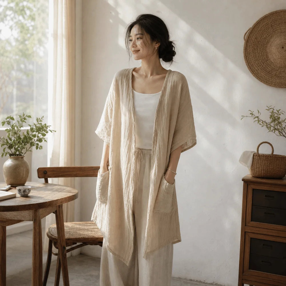 Solid Short Sleeved Linen Cardigan Loose Front Opening Summer Shirt Qme