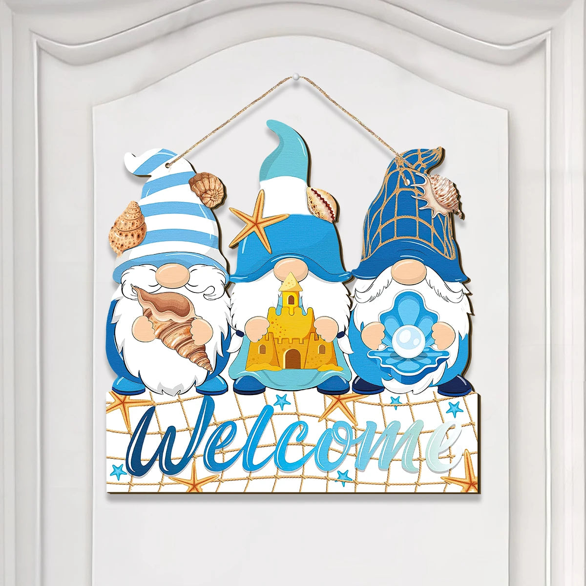 Summer Welcome Sign Wooden Beach Gnomes Hanging Sign Hawaii Door Sign With Ropes Hanging Decoration Qme M