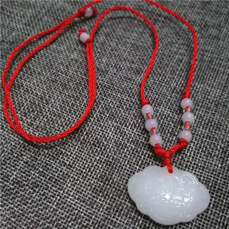 2024 Buddhist White Jade Hand Woven Pendant Necklace Lotus Guanyin Buddha Long Life Lock Pendant Lucky Religious Necklace Qme Long life lock 45-65CM WHITE