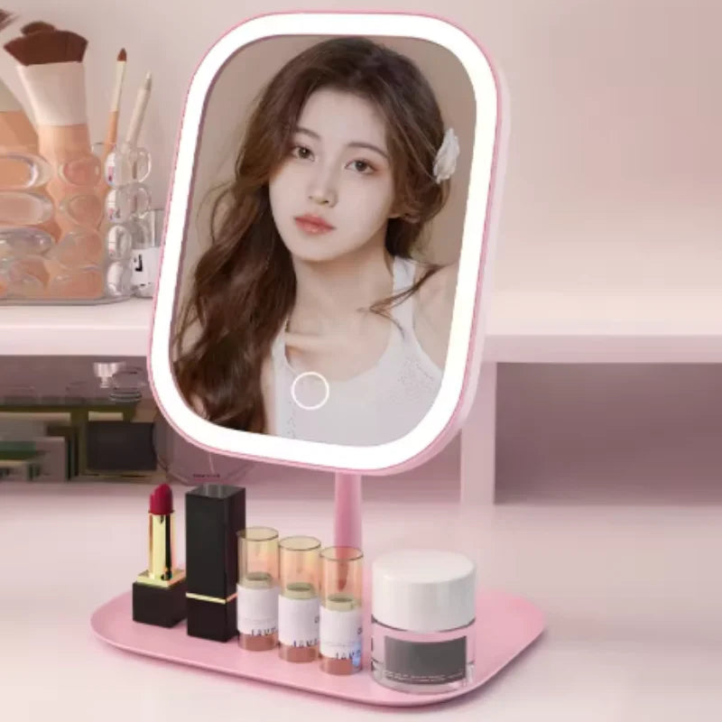 Women Bedroom Desktop Vanity Mirror 3 Color Dimmable Light LED Makeup Touch Control Mirror Home Travel Portable Qme
