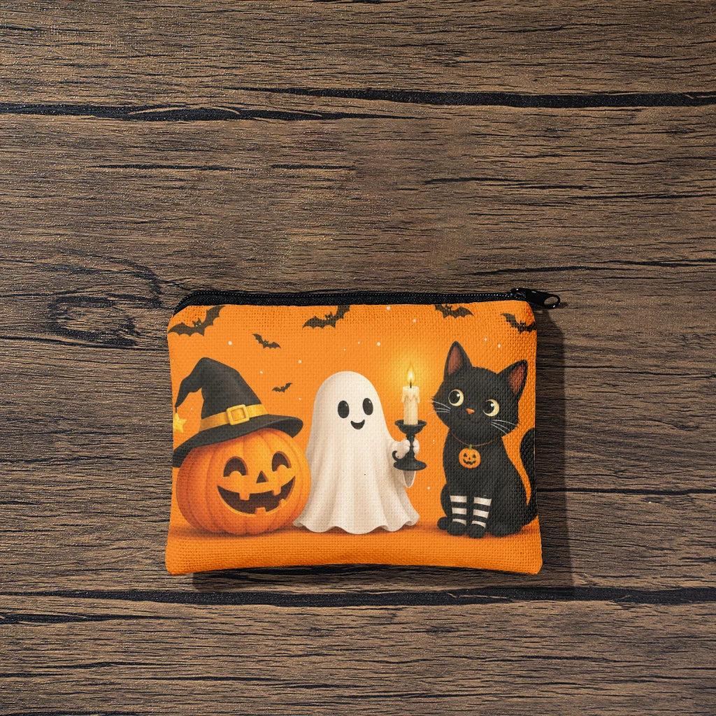Cute Halloween Pumpkin Ghost Black Cat Canvas Coin Purse Zipper Small Pouch Wallet for Cards Keys Change Holiday Gift Qme